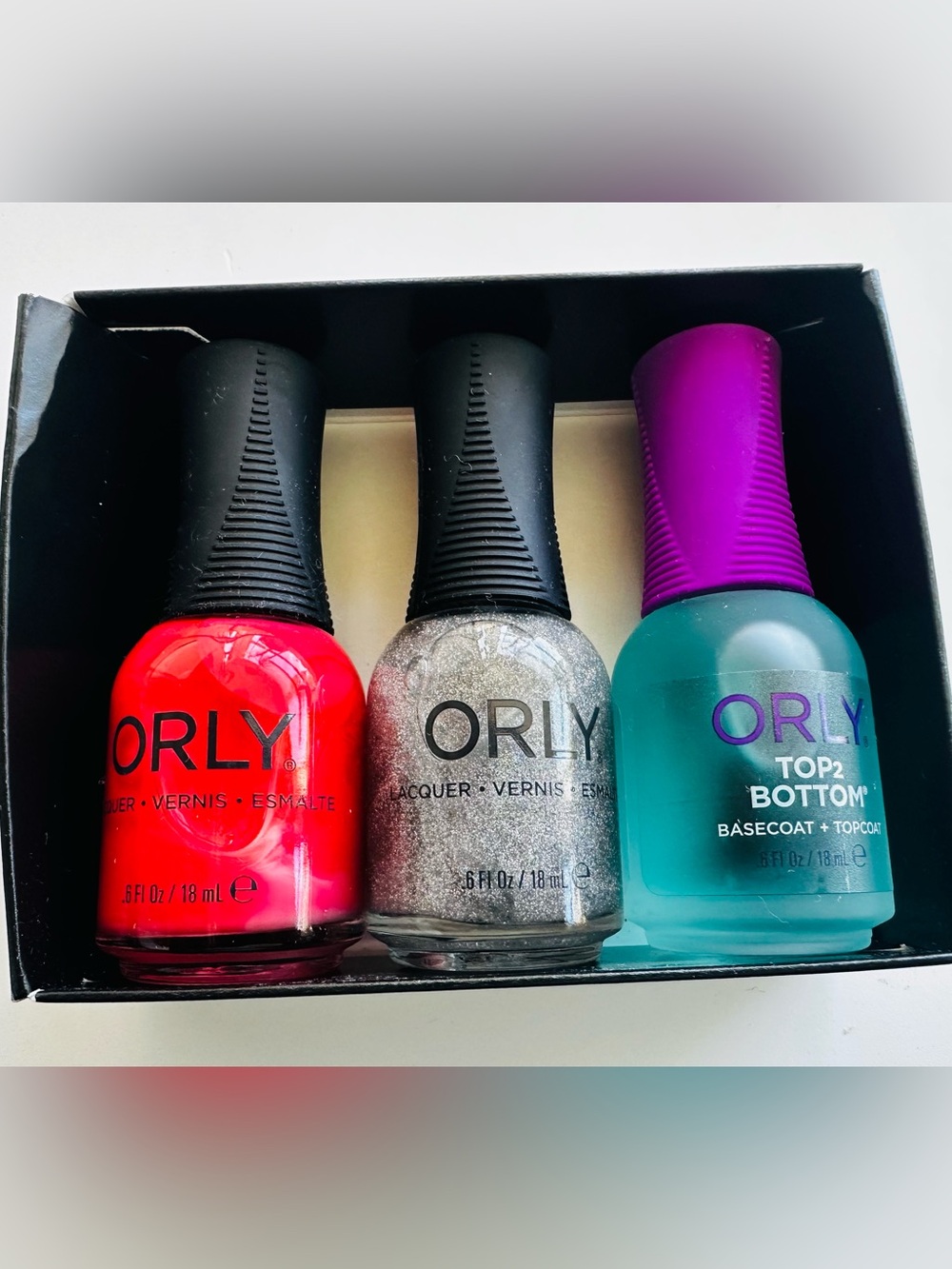 ORLY Women’s Nail Polish Trio – Bright Poppy Red, Silver, Clear Coat - NWT